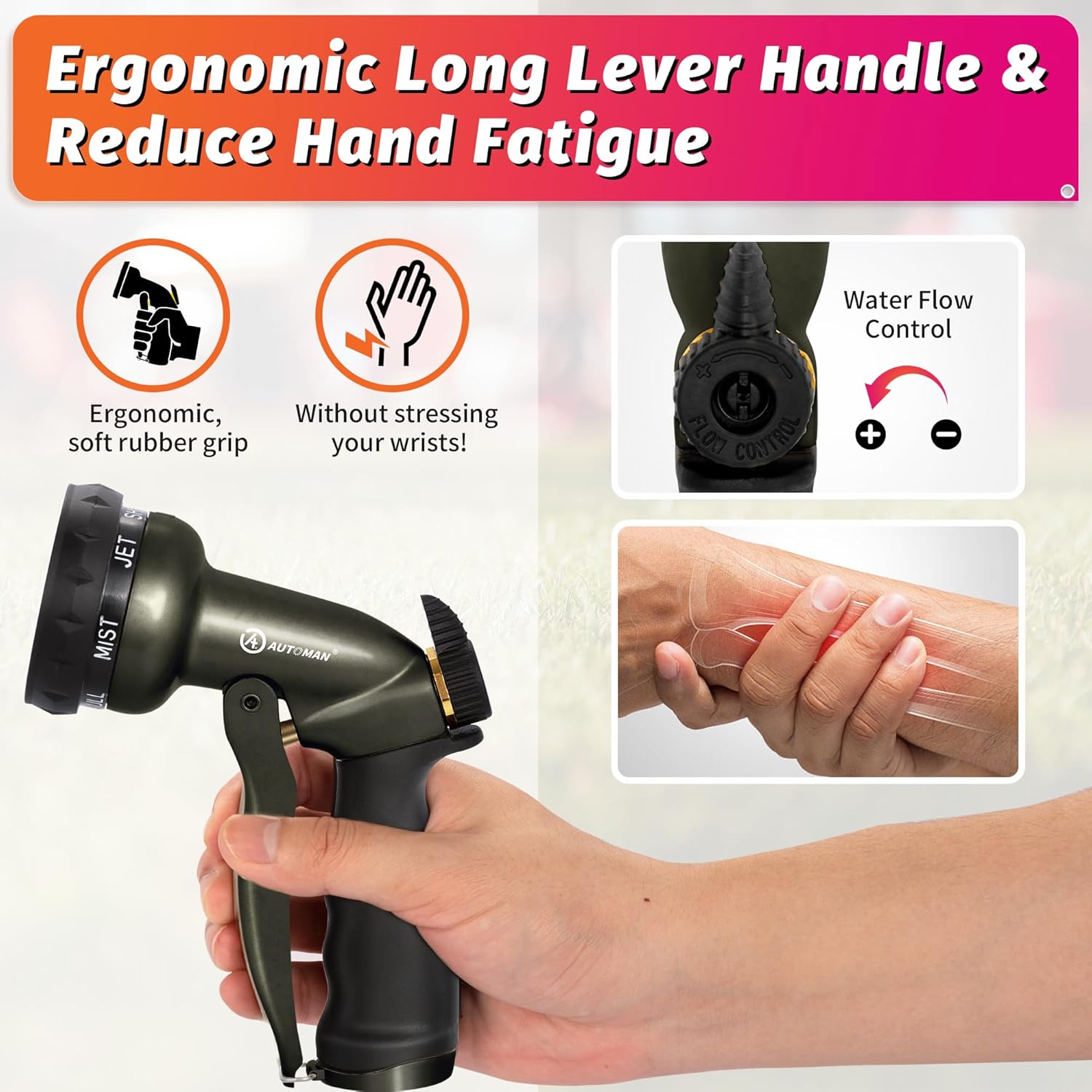 AUTOMAN Garden Hose Nozzle - 7 Patterns Sprayer, 100% Metal High Pressure Spray Nozzle, Labor-Saving Design, Heavy Duty Water Hose Nozzle for Garden Watering, Car Washing, Window Cleaning,Pets Bathing