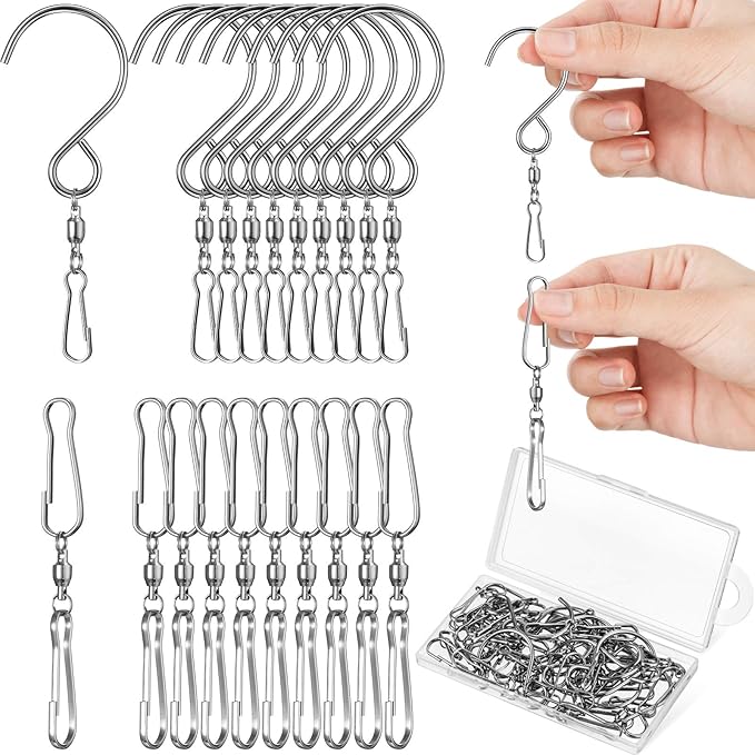 Jetec Wind Spinner Swivel Hooks 360 Degree Dual Spinning Windsock Chime Supplies Hanger Swivels Clip Hanging Hooks with Storage Box for Wind Spinners Supply, 2 Styles (Metal Color,30 Pieces)