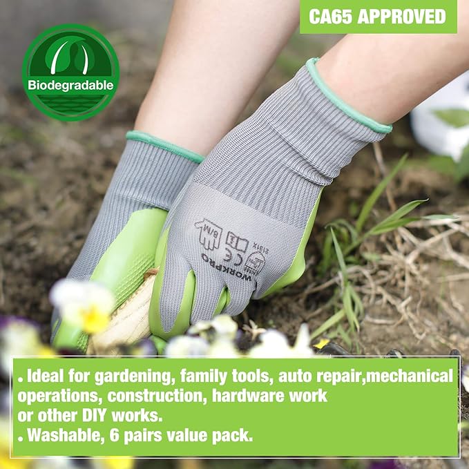 WORKPRO 6 Pairs Garden Gloves, Work Glove with Eco Latex Palm Coated, Gardening Glove, Working Gloves for Weeding, Digging, Raking, and Pruning (Large)