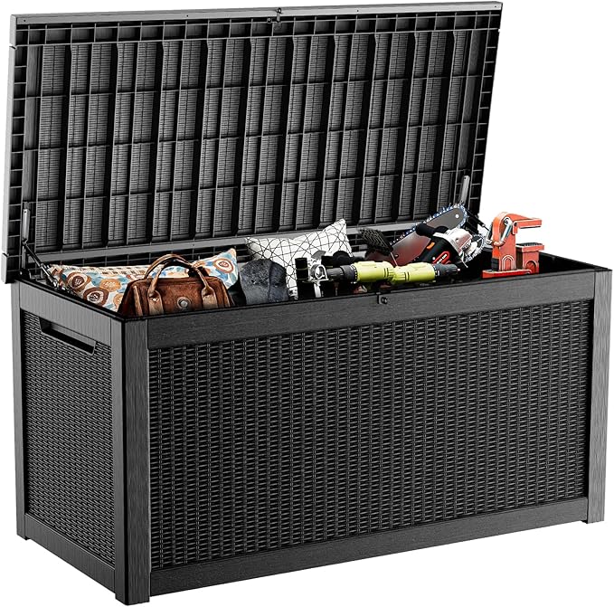 320 Gallon Deck Box Waterproof, UV Resistant Resin Outdoor Storage Box with Hydraulic Rod, Lockable Design and Enhanced Durability for Patio, Garden, and Poolside Use