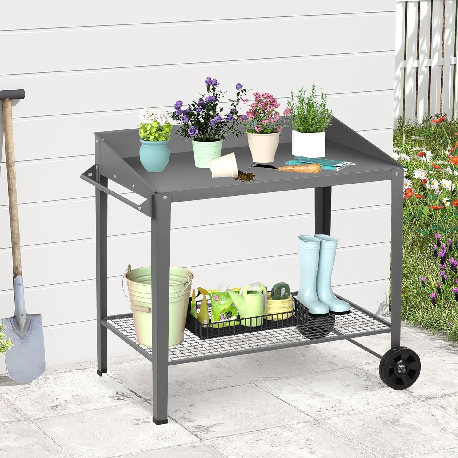 Outdoor Metal Potting Bench with Wheels, Heavy Duty Garden Workbench Table with Storage Shelf (Dark Gray, 36"x38.8")