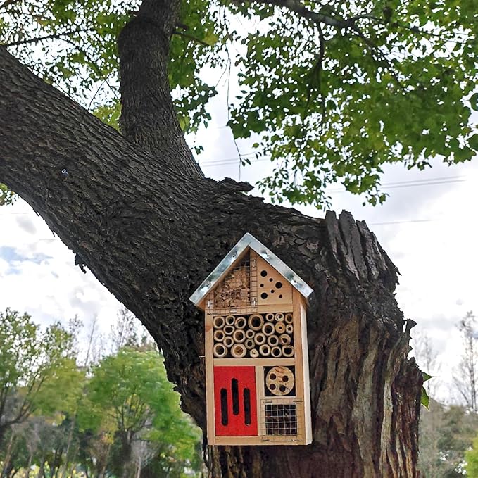 TIHOOD Natural Wooden Hanging Bee House for Gardens Natural Wooden Butterfly Hotel for Bee, Butterfly, Ladybirds, Habitat, Bee Hotel Garden