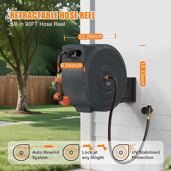 NEOTEC Retractable Garden Hose Reel 5/8 inch x 90ft - Wall Mounted Heavy Duty Hose Reel with 3/4 Inch Brass Fittings & 9-Pattern Nozzle - Auto Rewind System, Any Length Lock, 180° Swivel Bracket