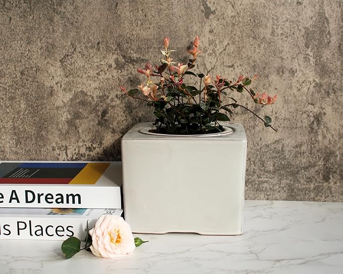Ceramic African Violet Self Watering Pot 6 Inch Square Pot 3.5 Inch Innter Pot Easy Fill Water Reservoir White