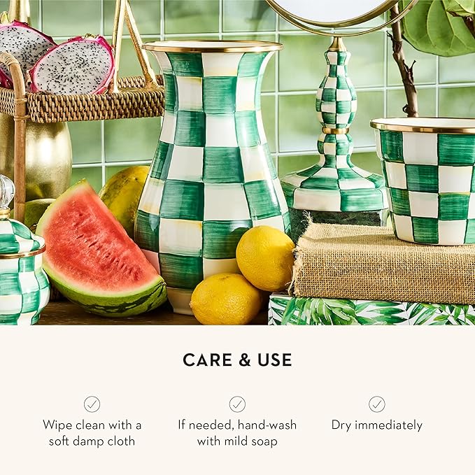 MACKENZIE-CHILDS Enamel Garden Pot, Decorative Pot for Plants, Outdoor Flowerpot Decor, Small, Green-and-White Emerald Check