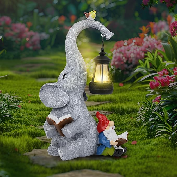 Solar Outdoor Garden Statues Lights, Elephant Figurines with Cute Gnome Garden Sculpture Decor, Luck Elephant Gifts for Woman Mother or Daughter, Unique Housewarming Gifts and Yard Decor