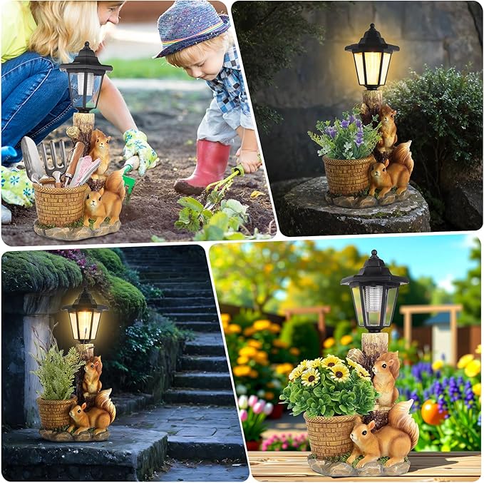 Solar Squirrels Outdoor Statues, Garden Sculptures with Flowerpot Decor & Solar Lantern for Yard Art Lawn Ornaments Porch Patio Balcony - Birthday Gifts for Women Mom