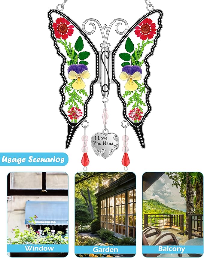 KY&BOSAM Butterfly Suncatcher I Love You Nana Gifts Stain Glass Suncatchers for Window Hanging Wind Chime Pressed Real Flower and Heart Charm Birthday Gift for Nana Mother`s Day Valentine`s Christmas