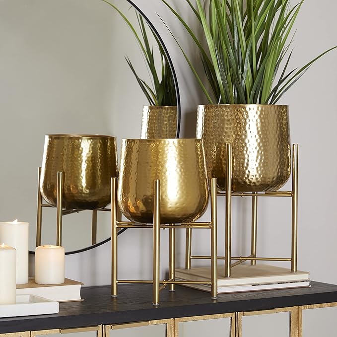 CosmoLiving by Cosmopolitan Metal Indoor Outdoor Planter Deep Recessed Hammered Dome Large Planter Pot with Removable Stand, Set of 2 Planters 17", 19"H, Gold