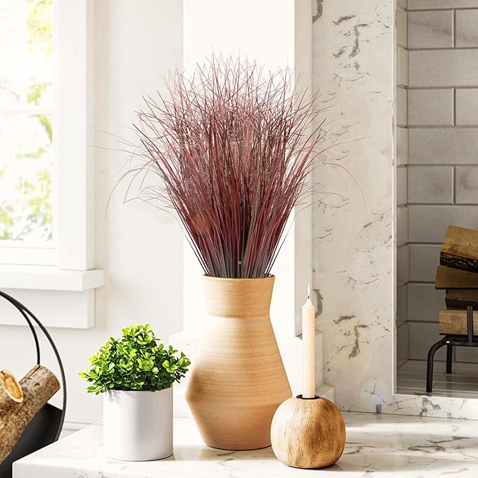 12Pcs Artificial Grass Plants, Faux Shrubs Wheat Grass, Artificial Tall Grasses Fake Plants for Outdoor Decor,Artificial Greenery Stems Weed for Room Indoor Home Decor（Red）