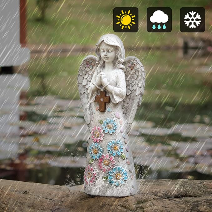 Angel Garden Figurine Outdoor Statue, Solar Garden Sculpture with 7 LEDs Welcome Sign Resin Praying Angel Art Decor for Patio Lawn Yard Porch Decoration, Housewarming Gift
