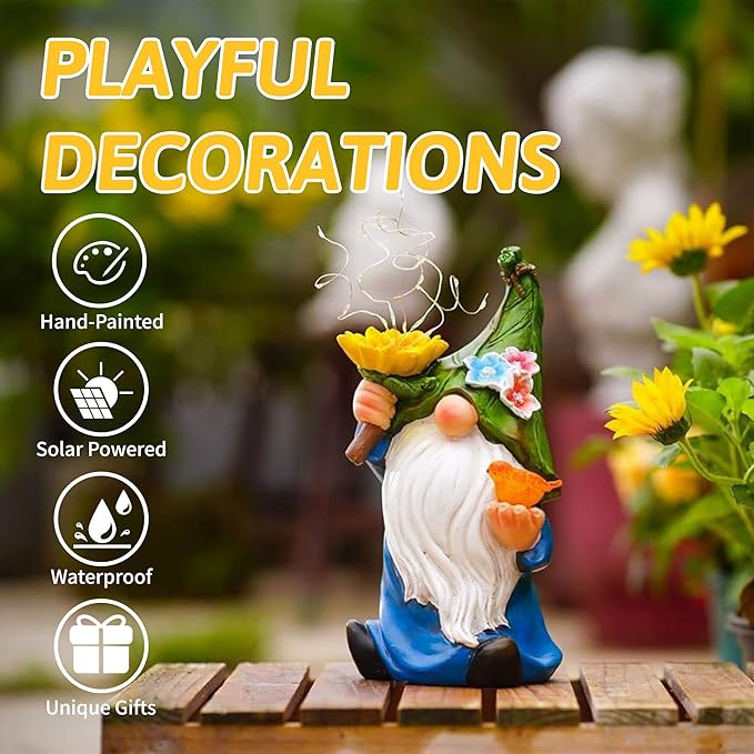Outdoor Garden Gnomes Statue: Solar Garden Decor with LED Light Patio Yard Lawn Decoration Valentine's Day Gifts for Women