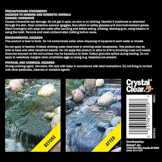 CrystalClear AlgaeOff Pond & Water Garden Scum Cleaner, Waterfall & Rock Slime Remover, String Algae Killer, Green Stain Treatment, EPA Registered Algaecide, Plant, Koi Fish, Bird & Pet Safe, 8 lbs