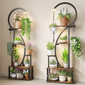 Indoor Plant Stand with Grow Lights, Half-Heart Shape Metal Shelf with Multiple Wood Boards and Hooks for Hanging & Potted Plants, Tall LED Display Rack for Living Room, Balcony Décor