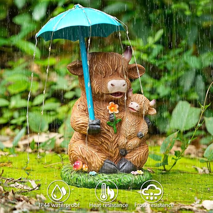 Solar Garden Statues Resin Loving Highland Cow Umbrella Lights Outdoor Decor Gifts for Yard, Patio Decorations