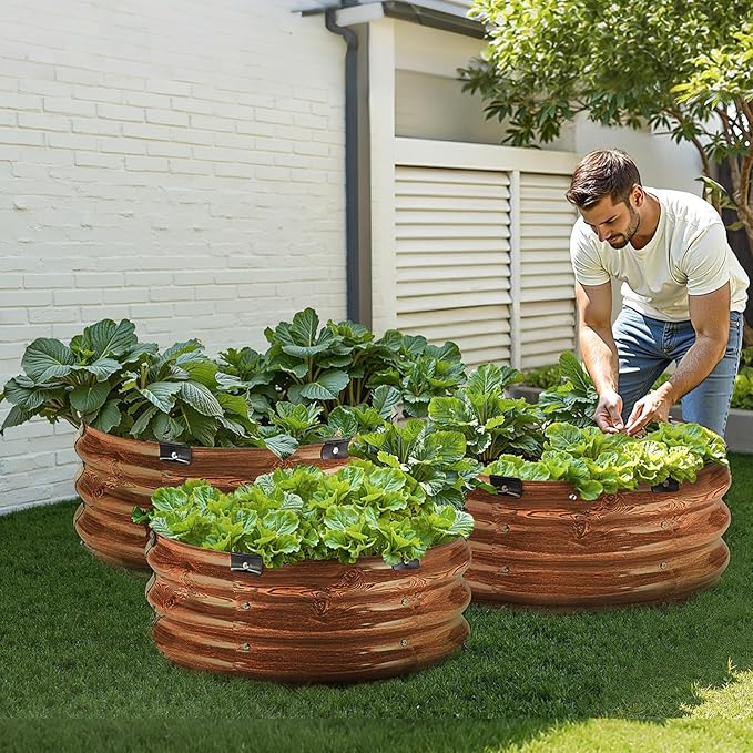 VEVOR 3 Pcs 2x2x1ft Round Galvanized Raised Garden Bed Kit, Outdoor Metal Raised Beds for Gardening Vegetables, Easy Assembly Garden Planter Box for Flowers Fruits with Open Base