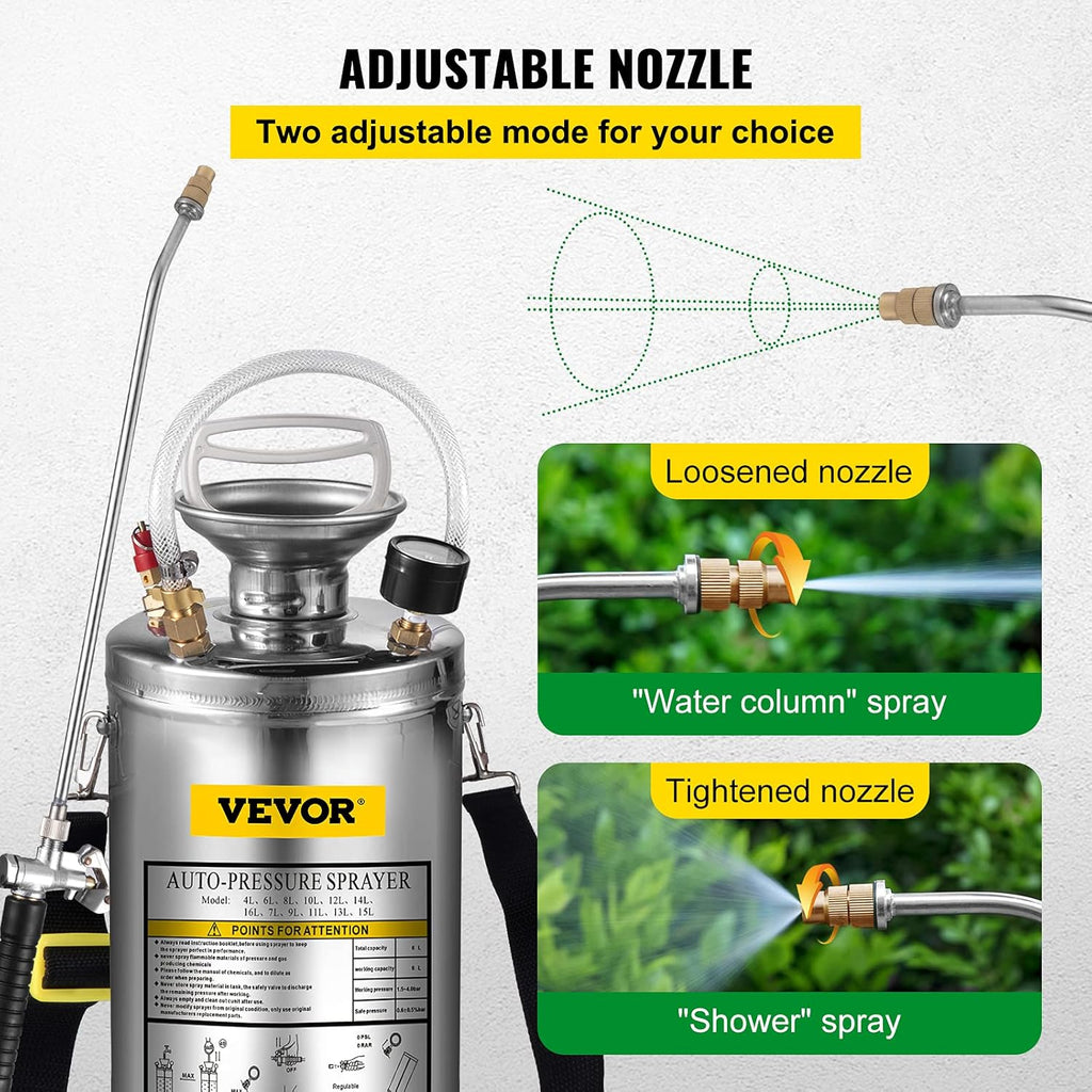 Happybuy 1.5 Gallon Stainless Steel Sprayer, 16" Wand&3.3FT Reinforced Hose, Hand Pump Sprayer with Pressure Gauge, Safety Valve&Adjustable Nozzle, Weed Sprayers for Lawn, Gardening & Sanitizing
