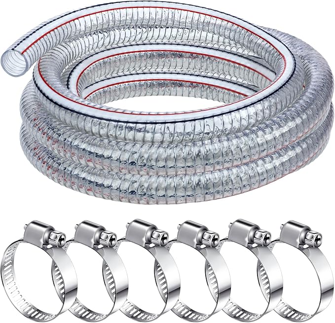 Frienda Heavy Duty Steel Wire Flexible Tubing with Fasteners PVC High Pressure Drain Hose Tube Pond Tubing Clear Wire Reinforced for Pond Bilge Pump Vacuum Suction Hose(10 Ft, 1 Inch Id)