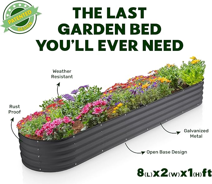 Galvanized Raised Garden Beds Outdoor // 8×2×1 ft Planter Raised Beds for Gardening, Vegetables, Flowers // Large Metal Garden Box (Gray) // Patented Tool-Free Design