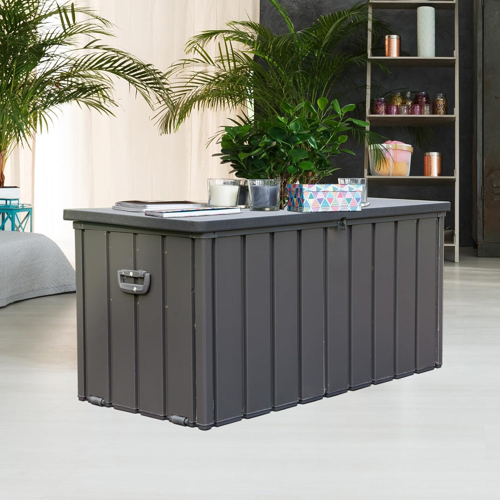 KUIKUI 100 Gallon Deck Box Waterproof, 100 Gallon Outdoor Storage Box, Metal Deck Box Waterproof for Pool Patio Cushions and Sports Pools Equipment, Dark Gray