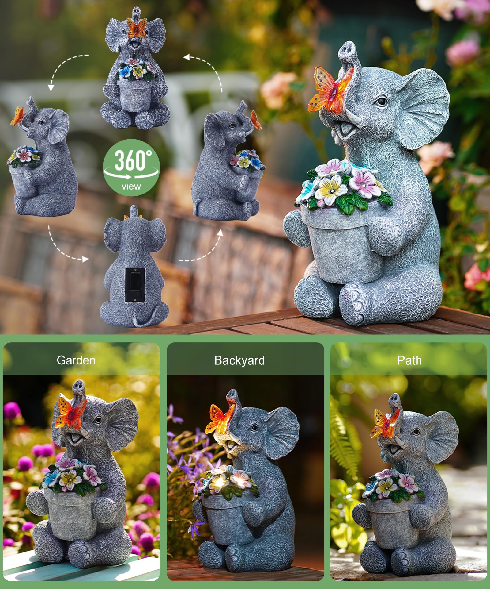 Acgarten Solar Elephant Statue Outdoor Garden Decor Porch Patio Lawn Light