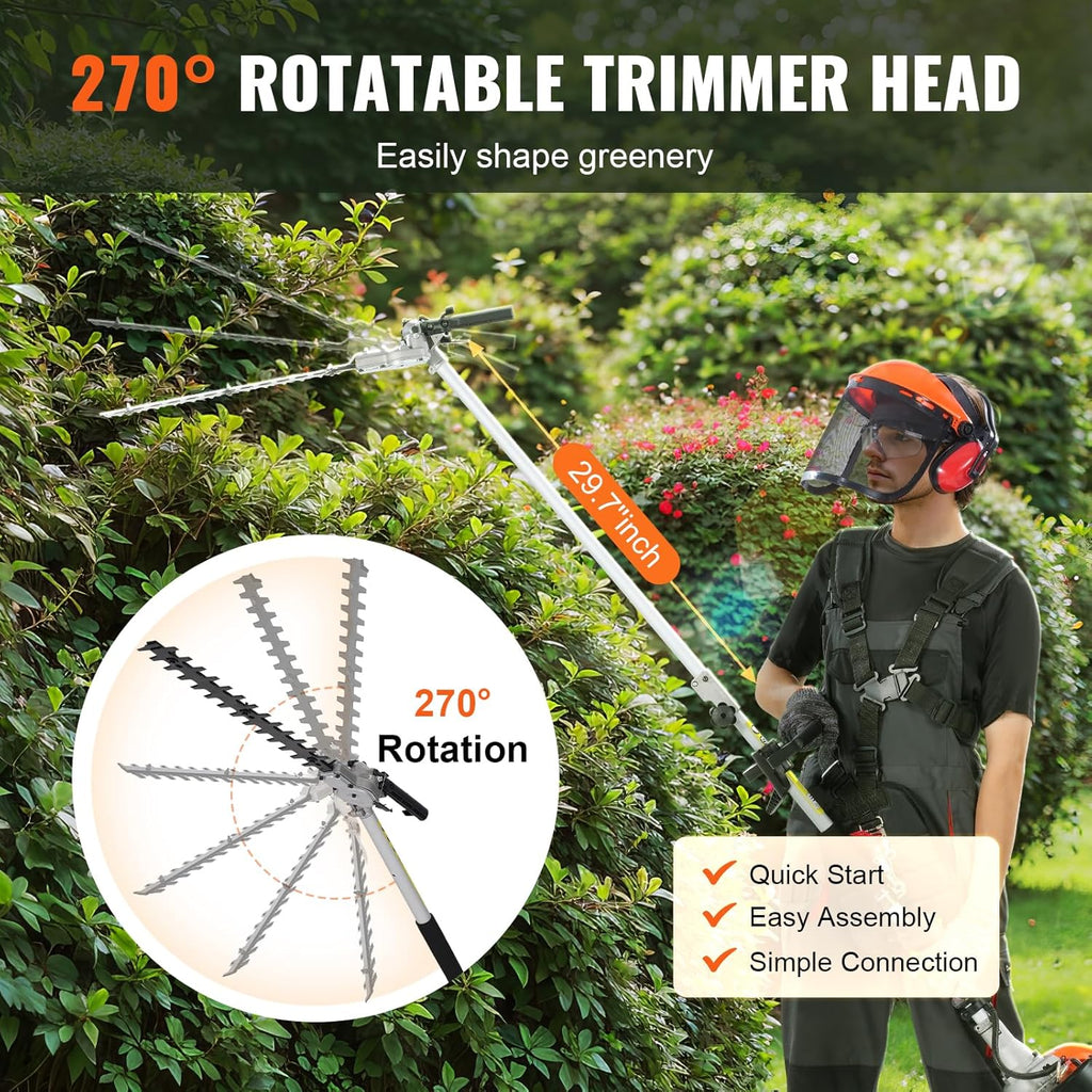 VEVOR 52cc Gas-Powered 6-in-1 Multi-Functional Trimmer - Hedge Trimmer, Brush Cutter, Weed Eater, Edger, Pole Saw & Chainsaw Pruner, EPA, CE & EMC Certified