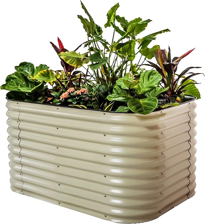 Vego garden 32" Extra Tall Raised Garden Bed Kits, 6 in 1 Modular Raised Planter Box for Vegetables Flowers Fruits Oval Metal Raised Garden Bed- Pearl White