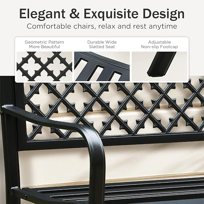 PHI VILLA 50" Outdoor Garden Patio Metal Bench for Outdoors with Plastic Backrest Armrests Sturdy Steel Frame, Black