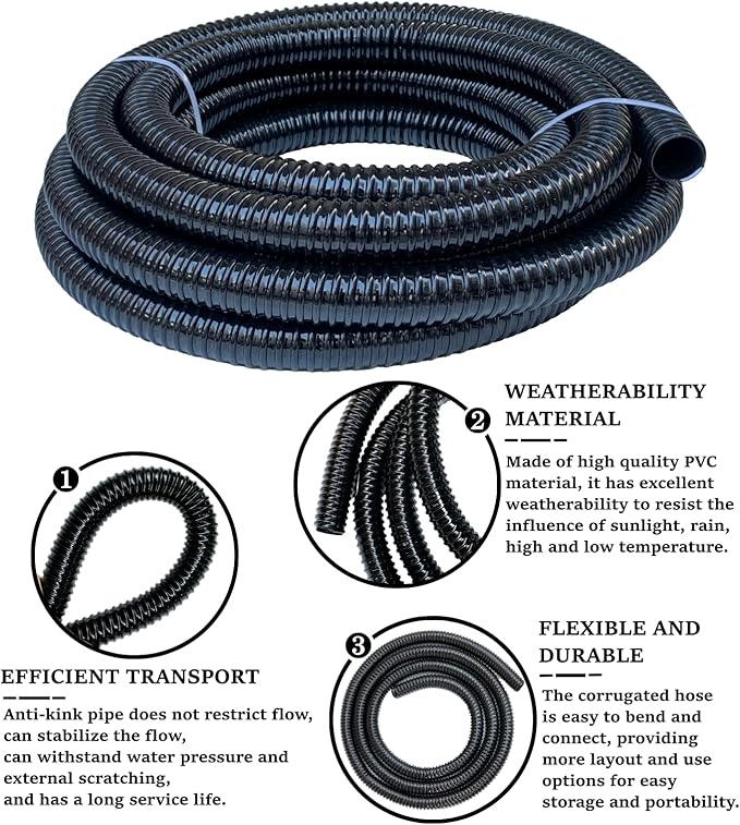 Sump Pump Hose 1 1/4 inch Id Pond Tubing Black Plastic Corrugated Strong Flexible Drain Water Hose 20Ft