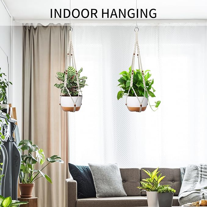 43 Inch Macrame Plant Hanger - Fits 6-15 Inch Pots, Extra Long Hanging Planter Holder for Indoor Outdoor, with Red Wood Beads, Boho Home Decor, 2 Pack, Ivory (POTS NOT Included)