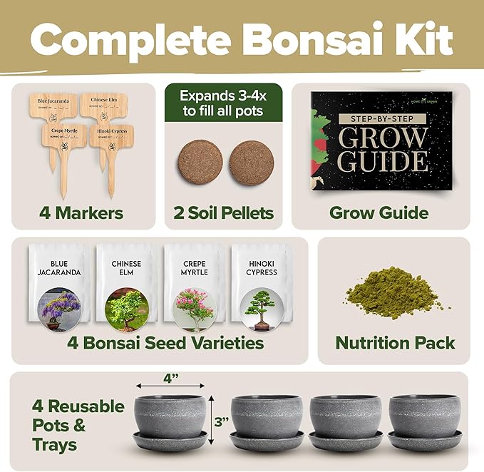 HOME GROWN Bonsai Tree Kit – Easy to Grow 4 Species of Bonsai w/Our Complete Plant Kit: Bonsai Pots & Peat Pellets Including a Bonus in-Depth Grow Guide - Great Gardening Gifts for Women and Men