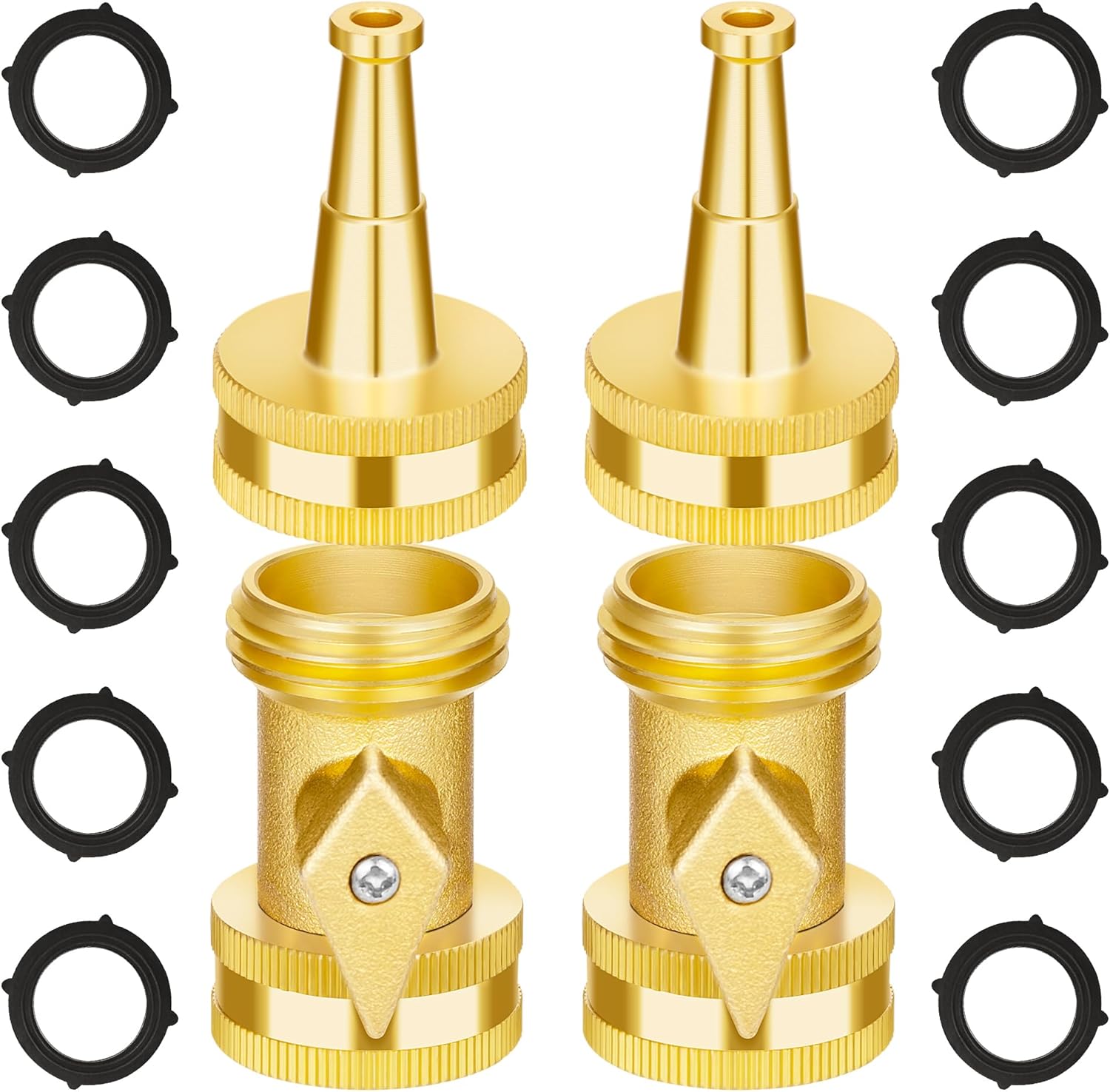 AUTOMAN Brass Hose Nozzle - High Pressure Jet Nozzle 4 Count (2 Set), Heavy Duty Water Hose Sprayer Sweeper with Hose Shutoff Valve, 3/4” GHT Nozzles for Garden Hose, Car Wash, Extra 10 Rubber Washers
