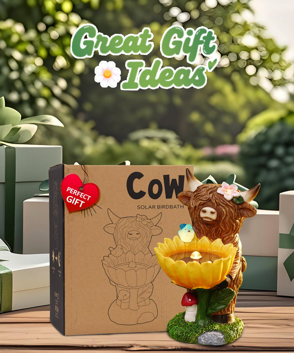 Nacome Solar Highland Cow Garden Decor Outdoor Statue Brown Realistic