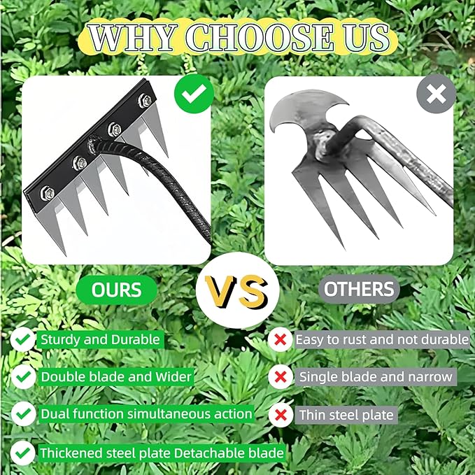 Gardenia Iron Weeding Rake, Iron Rake 2.0 for Gardening and Weeding, Detachable Double-Edged Blade Design Carbon Steel Heavy-Duty Weed Rakes,Hand Weed Puller Tools for Lawn Yard Garden Farm (8 teeths)
