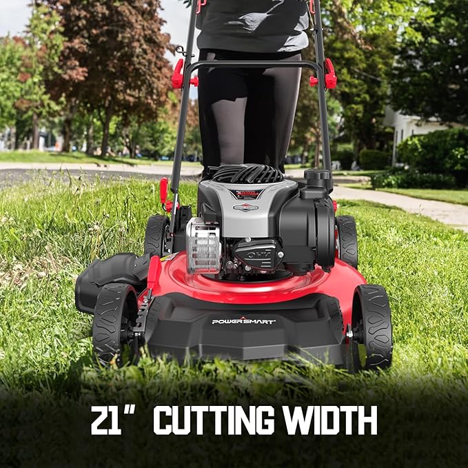 PowerSmart Gas Lawn Mower 21-inch with 140cc Briggs and Stratton E550 Engine, 3-in-1 Push Mower with Mulch, Bagger, Side-Discharge