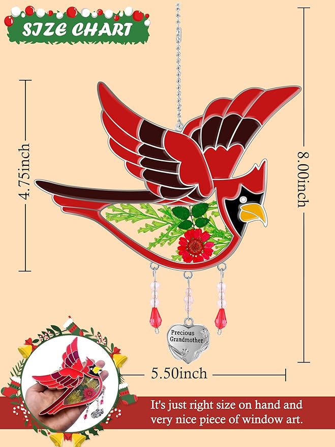 KY&BOSAM Cardinal Suncatcher Precious Grandmother Glass Hanging for Windows Wind Chime Ornament with Pressed Real Flowe and Heart Charm Birthday Gifts for Women Mother's Day Christmas