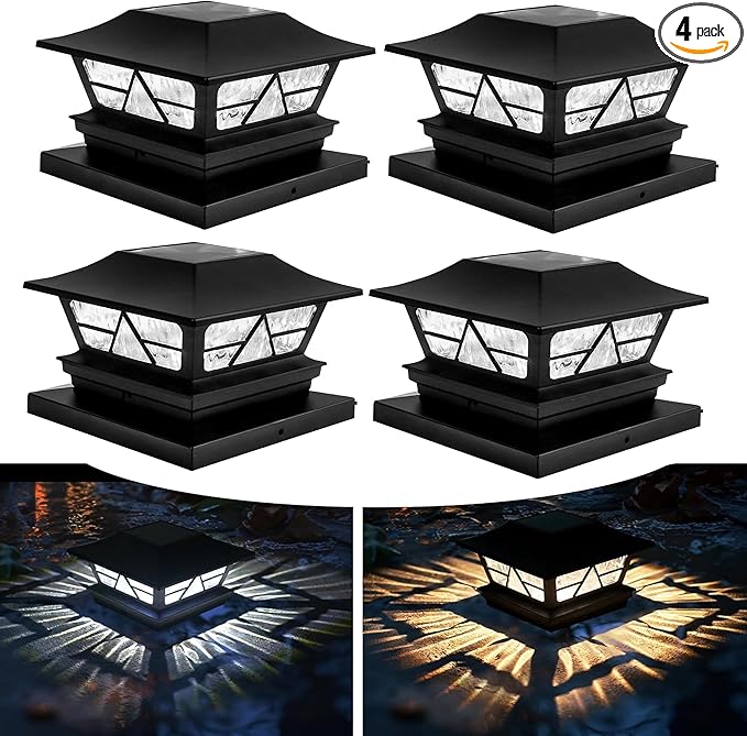 TW SHINE 4 Pack Solar Outdoor Fence Post Lights, 2 Modes Post Cap Lights Waterproof Color Changing Warm White/Cool White for Yard, Garden, Porch, Patio Decor, for 4x4 5x5 6x6 Wood Posts