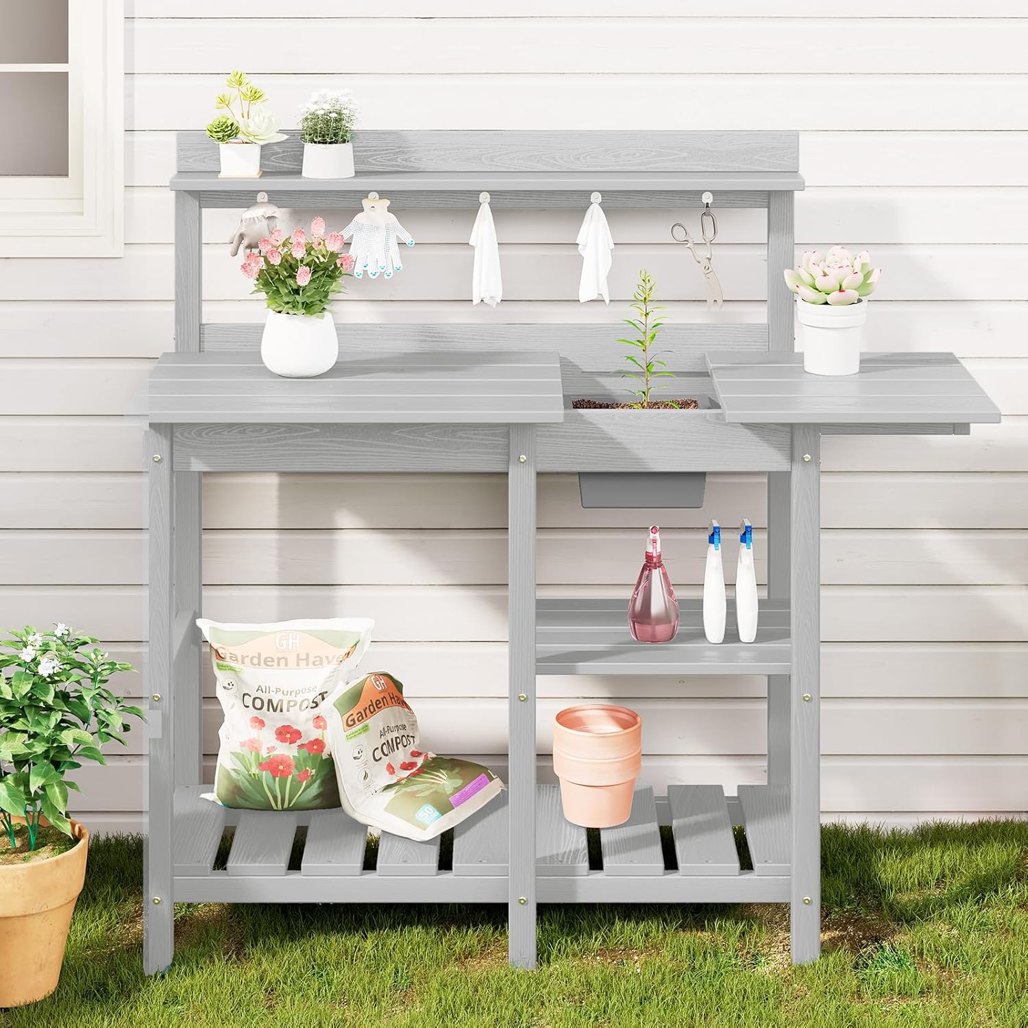 SERWALL Potting Bench Set of 2 Outdoor Potting Table with Sink, HDPE Potting Benches for Outside Gardening Table All Weather Use- Spanish Gray