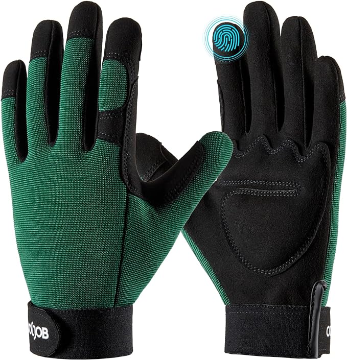 COOLJOB Thorn Proof Garden Gloves with Touchscreen Fingers for Men, Rose Pruning Work Gloves with Palm Cushion for Gardener, Farmer and Landscaper (Green 1 Pair Small)
