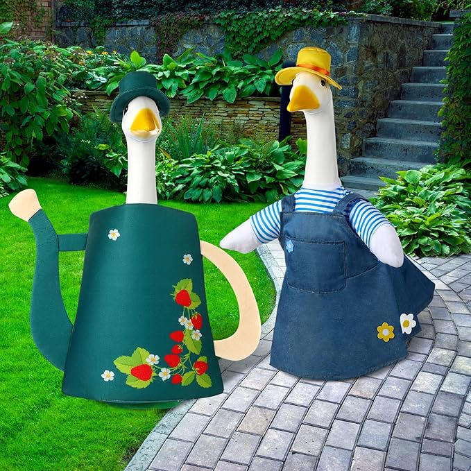 Frienda 2 Set Porch Goose Outfits Clothes 23 Inch Garden Raincoat Flag Bee Fishing Style Goose Costume for Lawn Patio Valentine's Day Decor