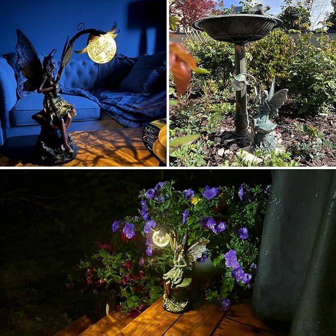 TERESA'S COLLECTIONS Garden Statues Fairy Sculptures & Statues, Outdoor Solar Light Garden Decor Resin Patina Bronze Figurines for Outdoor Decor, Valentines Decorations Gifts for Women Mom, 13.8''