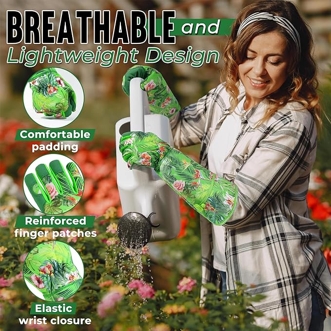 HANDLANDY Women Gardening Gloves, Thorn Proof Breathable Ladies Rose Pruning Long Gauntlet Floral Print Garden Yard Gloves, Gift for Gardeners (Green, XL)