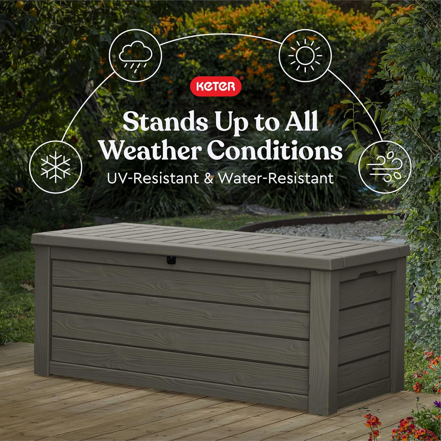 Keter Westwood 150 Gallon Resin Large Outdoor Storage Box for Patio Furniture, Outdoor Cushions, Garden Tools and Pool Floats, Mossy Brown