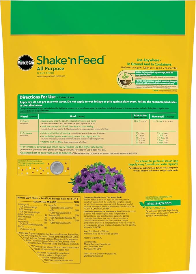 Miracle-Gro Shake 'N Feed All Purpose Plant Food, For In-Ground and Container Plants, Feeds for up to 3 Months, 8 lbs.