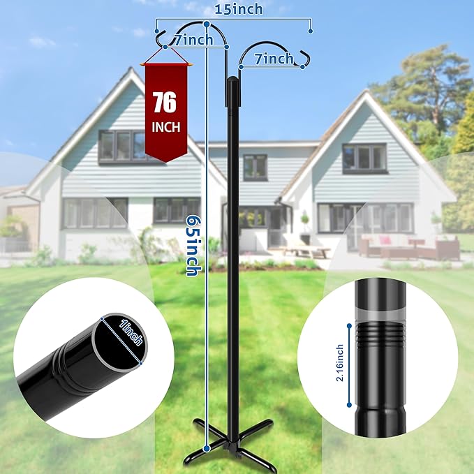 Ottsuls Double Shepherds Hooks for Outdoor, 76 Inch Bird Feeder Pole with 5 Prong Base, Upgrade 1 INCH Thick Heavy Duty Planter Hook for Hanging Baskets, Lantern,1 Pack
