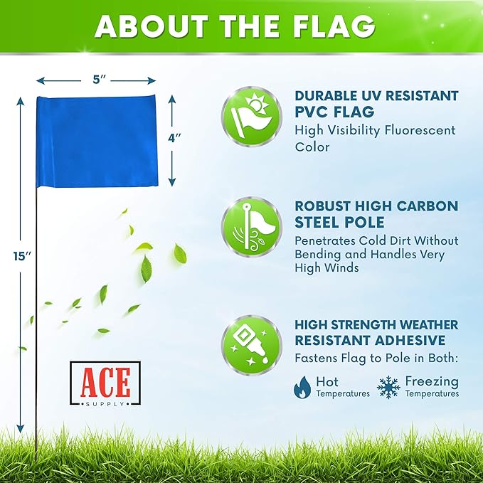 Blue Marking Flags 100 Pack - 4x5x15 Inch Blue Yard Flags - Markers For Lawn, Irrigation, Landscaping, Survey & Sprinkler Head Marking