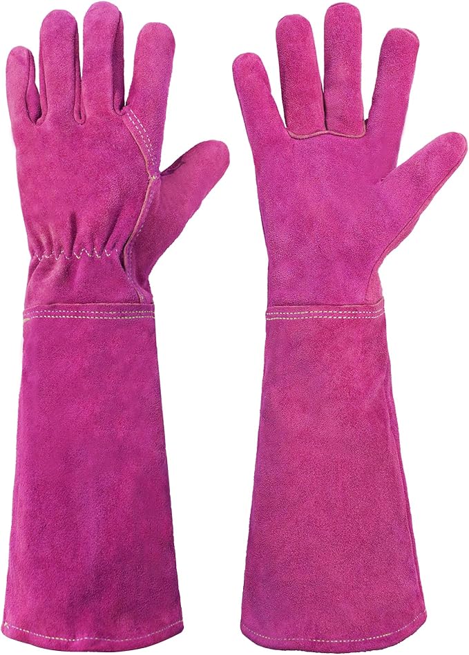 HANDLANDY Ladies Thorn Proof Gardening Gloves, Long Gauntlet Heavy Duty Garden Gloves, Elbow Length Women Leather Rose Pruning Glove (Large, Rosy)
