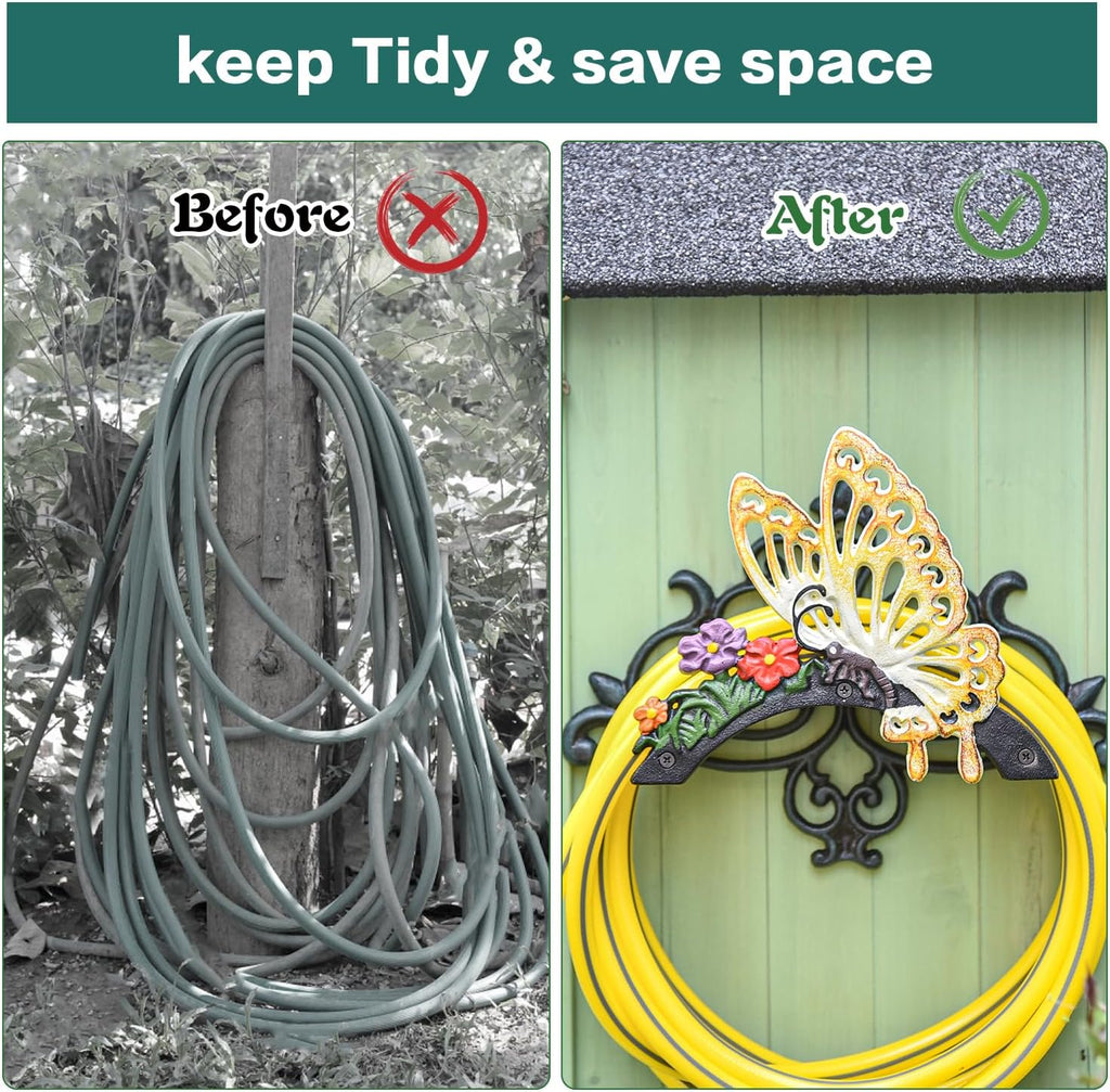 Sungmor Cast Iron Garden Hose Holder, Heavy Duty Wall Mounted Hose Hanger, Decorative Butterfly Water pipe Organizer, Hose Reel Rack for Outside, Garden Yard Decor