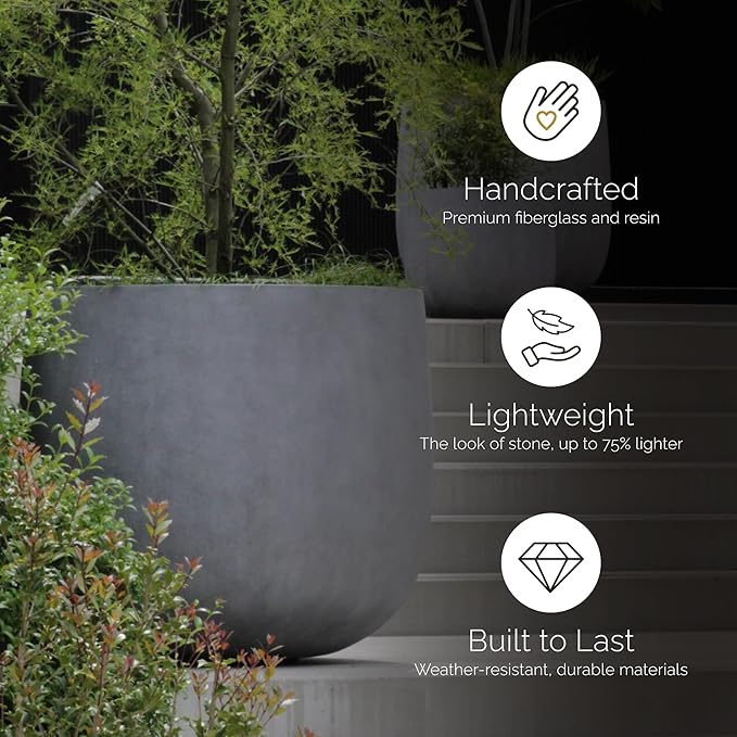 Mondo Large Planter – River Stone Finish – Fiberglass Indoor/Outdoor and Weather-Resistant Round Planter (39.4" D x 39.4" H Exterior, 37.8" D x 39.4" H Interior)