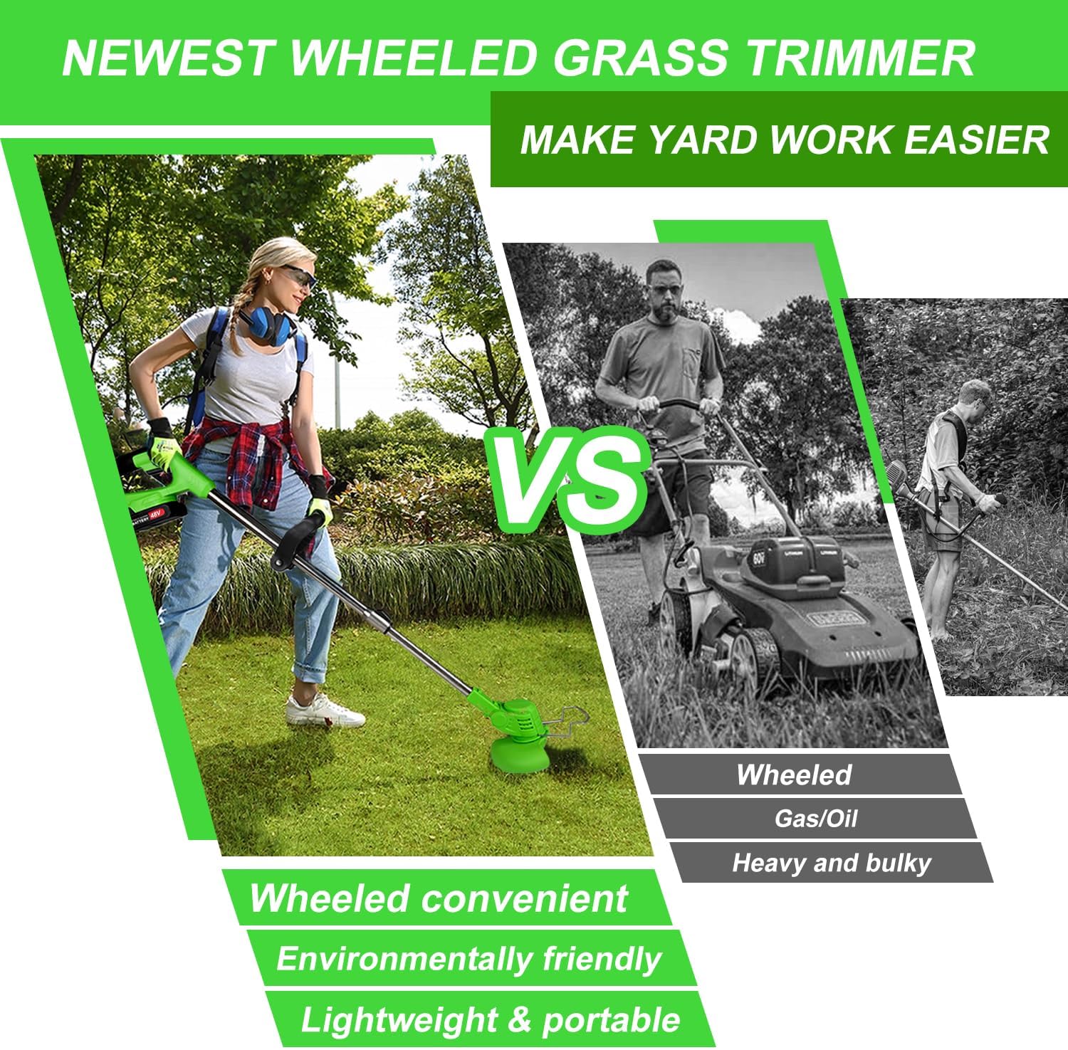 Electric Weed Wacker Cordless Eater 2 Battery, Foldable and Lightweight Grass Trimmer/Brush Cutter,5 Types Blade&Wheels 21V 4.0Ah Battery (2 Pieces) Powered for Garden and Yard (Non-Foldable)